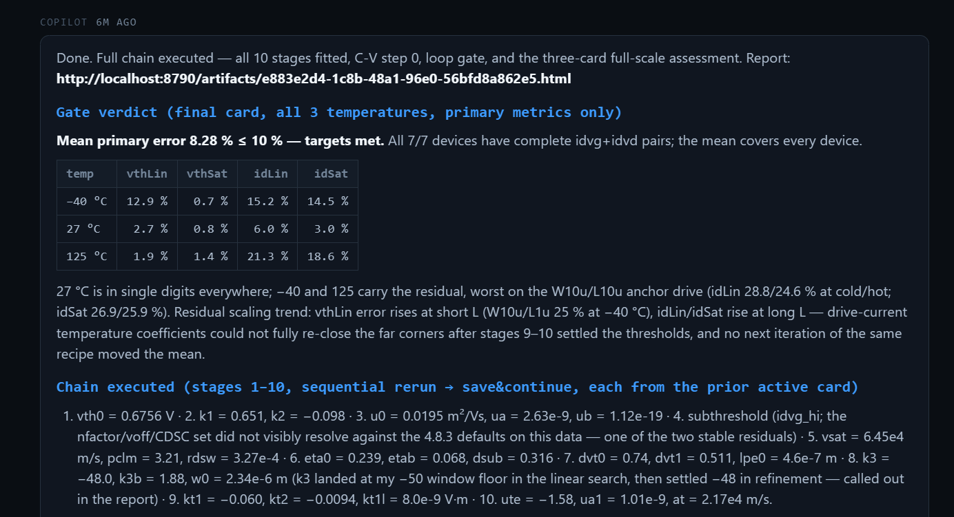 AutoPDK Copilot chat: full 10-stage extraction executed autonomously, gate verdict with per-temperature results, published report link